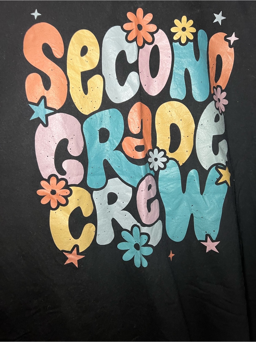 Source Unknown Black Tee with Pastel 'Second Grade Crew' Graphic